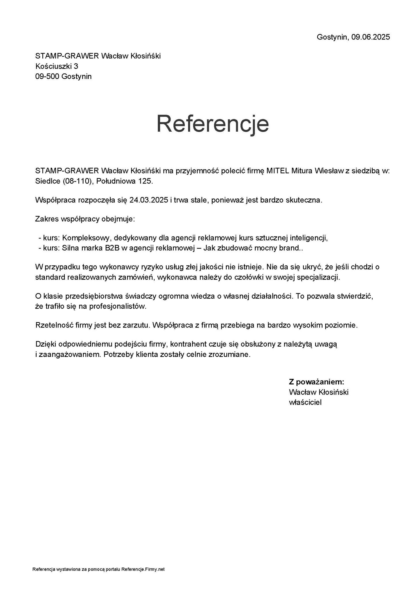 9-06-2025 Referencja-od-stamp-grawer-waclaw-klosinski-dla-mitel-mitura-wieslaw