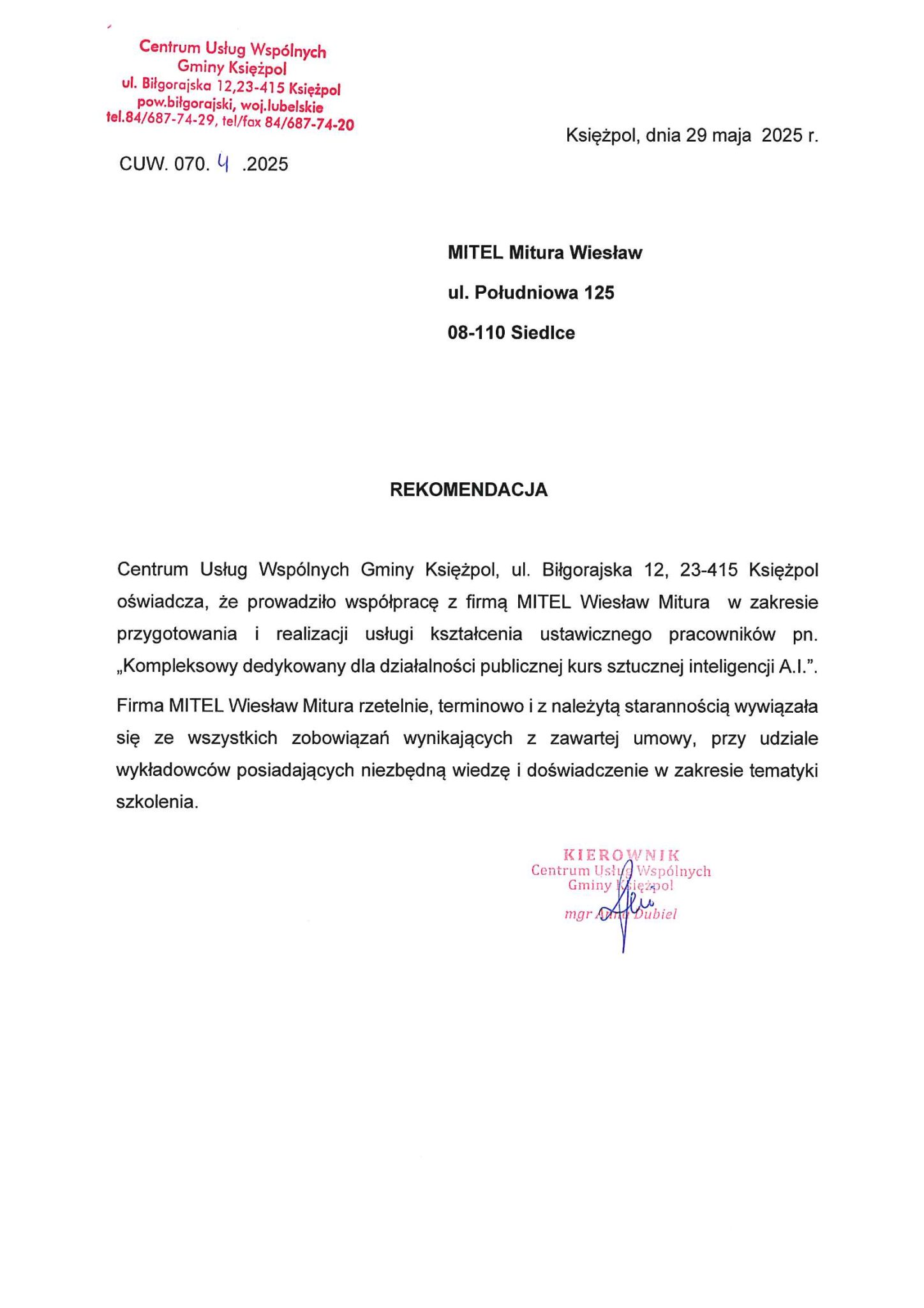 CUW Gminy Księżpol Referencja