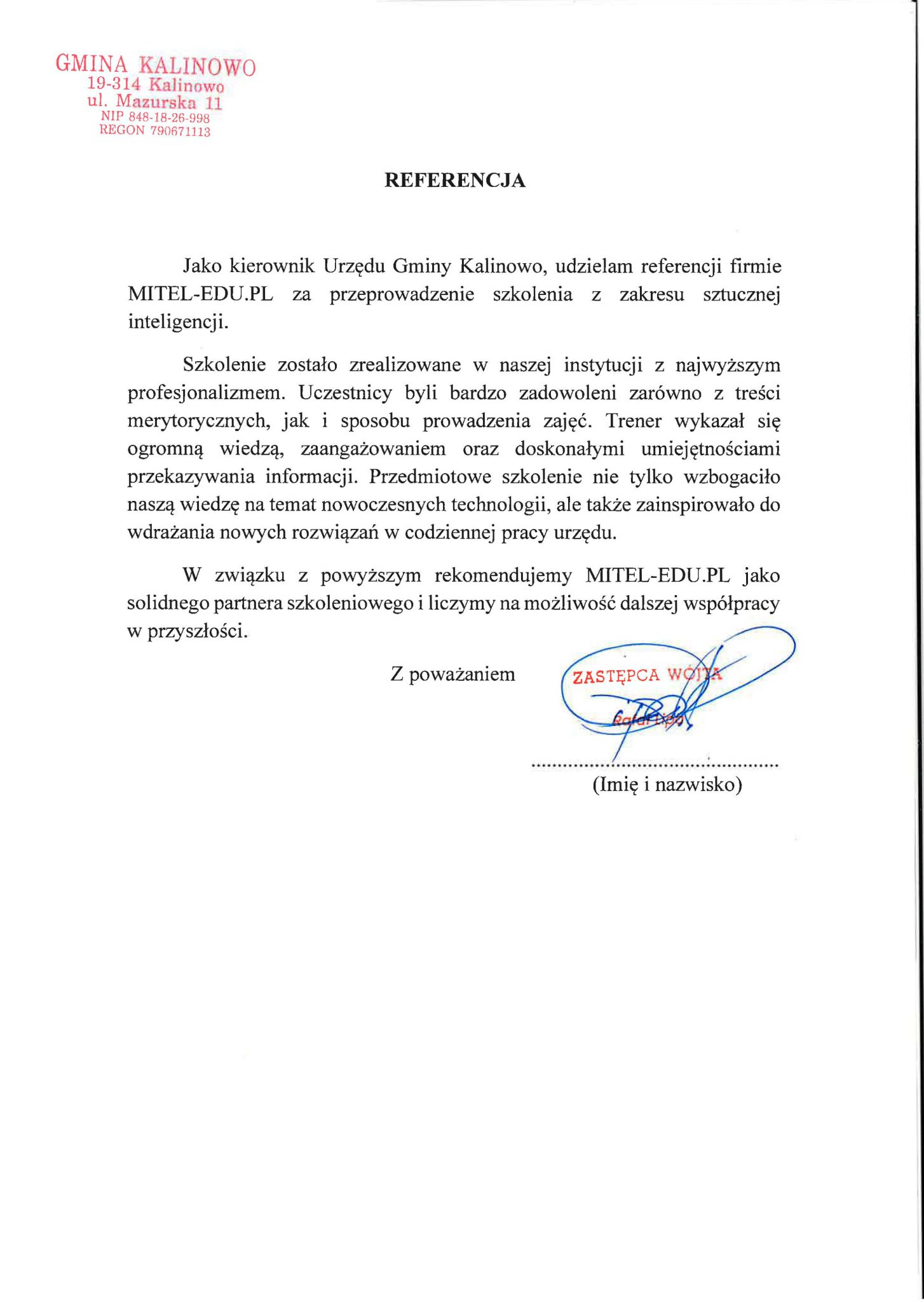 Urząd Gminy Kalinowo Referencja